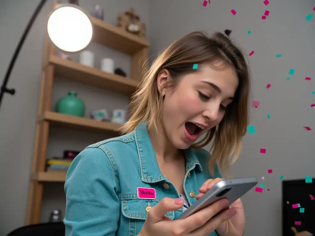 Creador reaccionando a nuevas ofertas de colaboración en el teléfono